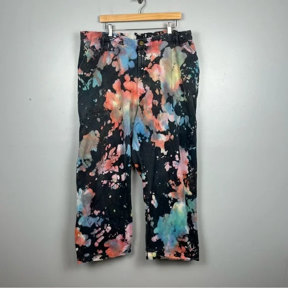 Big Bud Press Rainbow Magic Waters bleach tie dye denim Work Pants, 2XL petite. - Picture 2 of 14